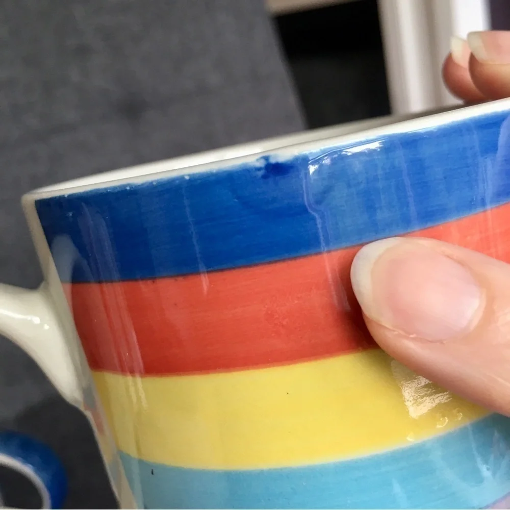 Set/2 Rainbow Striped Ceramic Coffee Mugs, 14 oz